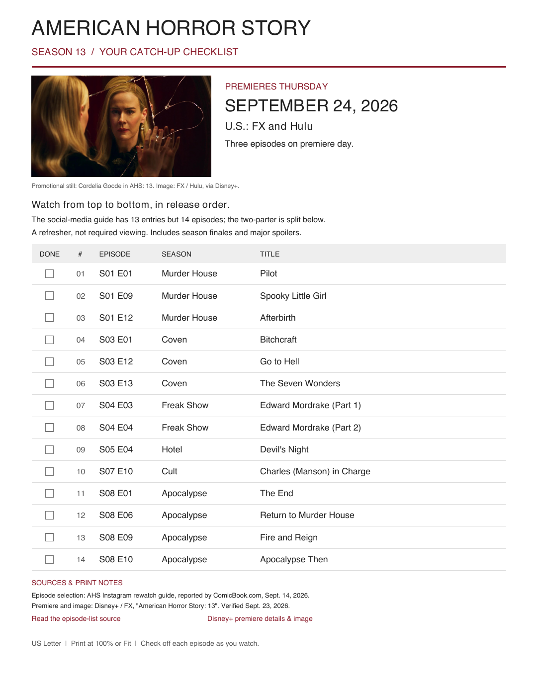 American Horror Story printable catch-up checklist